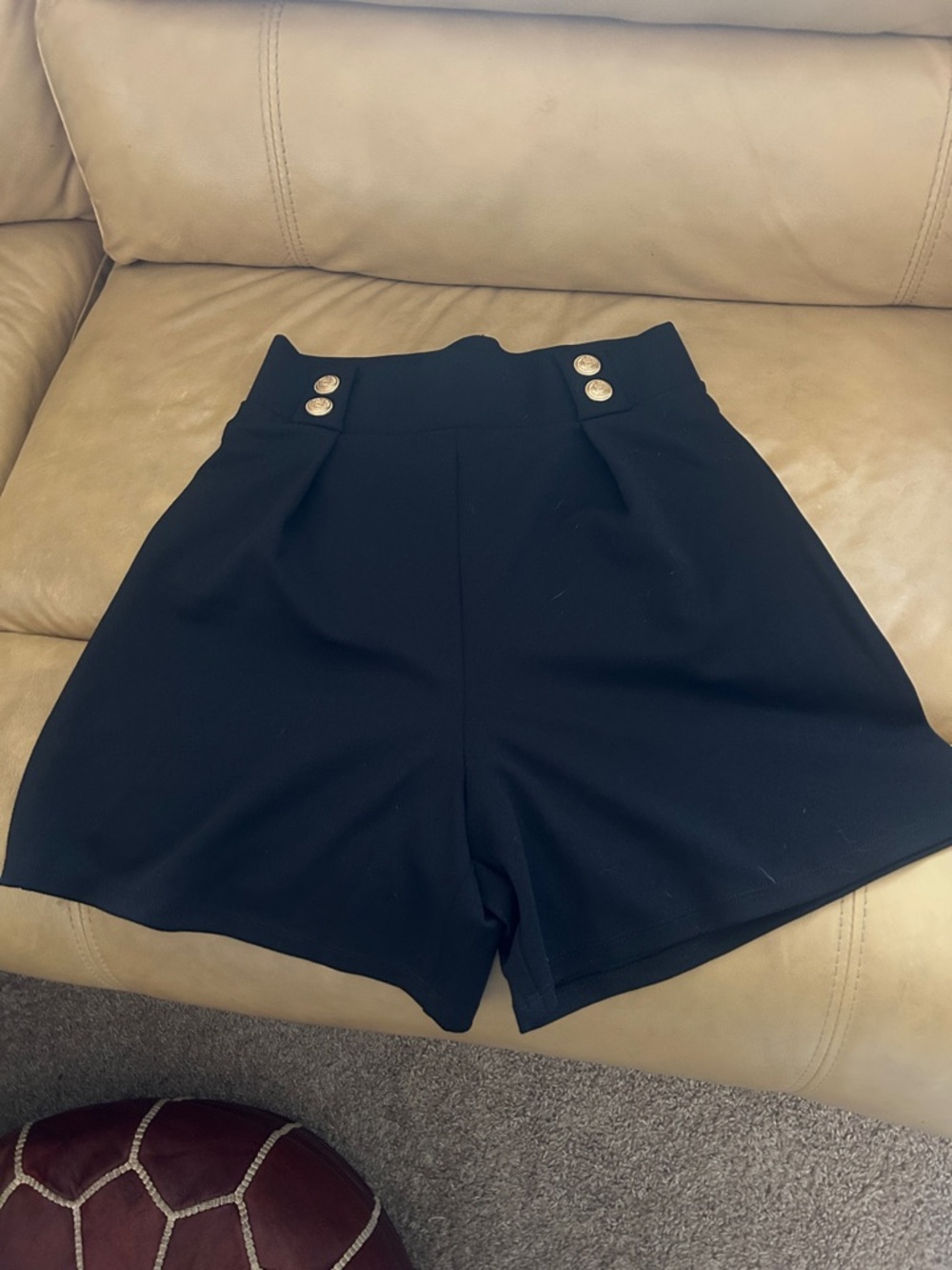 Classic High-Waist Black Women's Shorts with gold Button Detail